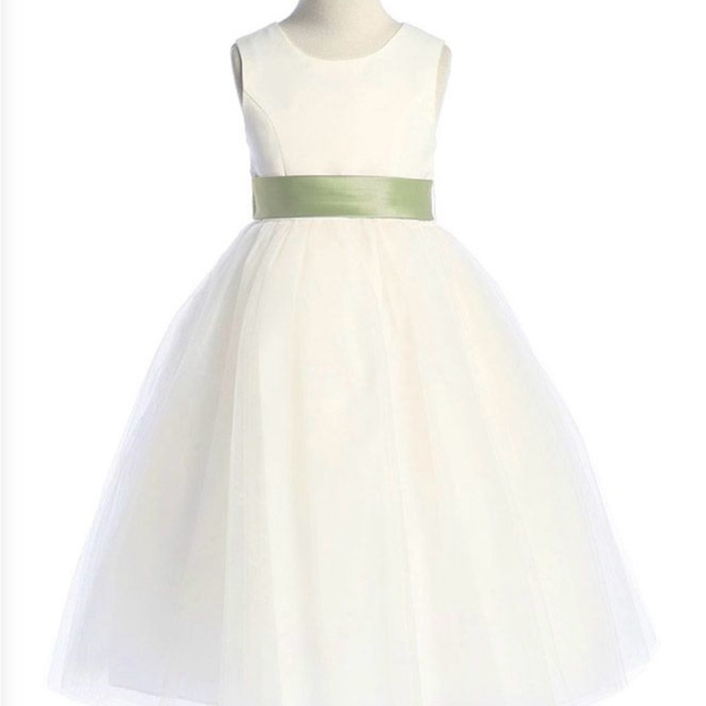 Ivory Flower Girl Dress with Sage Green Sash